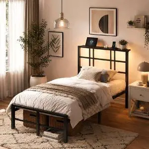 VINGLI Twin Bed Frame with LED Lights and Charging Station, Black Twin Size Bed Frame with Storage Headboard with Shelf, Heavy Duty Platform Bed, Noise Free, No Box Spring Needed, Black VINGLI Twin Bed Frame with LED Lights and Charging Station, Black Twin Size Bed Frame with Storage Headboard with Shelf, Heavy Duty Platform Bed, Noise Free, No Box Spring Needed, Black