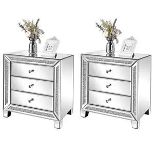 VINGLI Mirrored Nightstands Set of 2, 23" W Glass Mirror Night Stand Set of 2, Modern Bedside Table 3 Drawer Glass Side End Table Silver Dresser for Bedroom, 23W x 13.8D x 24.8H VINGLI Mirrored Nightstands Set of 2, 23" W Glass Mirror Night Stand Set of 2, Modern Bedside Table 3 Drawer Glass Side End Table Silver Dresser for Bedroom, 23W x 13.8D x 24.8H