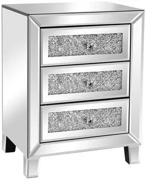 VINGLI Mirrored Nightstand with 3 Drawers Modern End Table Bed Side Table with Mirrored Finish, 17.72-inch W x 13.78-inch D x 23.62-inch H, Silver VINGLI Mirrored Nightstand with 3 Drawers Modern End Table Bed Side Table with Mirrored Finish, 17.72-inch W x 13.78-inch D x 23.62-inch H, Silver