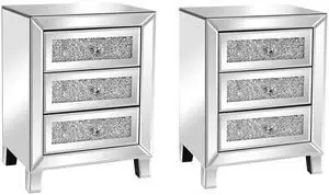 VINGLI Mirrored Nightstand Set of 2, Mirrored Side/End Table for Living Room, Glass Silver Nightstand, Crushed Glass Mirror Night Stand, Contemporary Night Table Mirror Bedroom Furniture Set VINGLI Mirrored Nightstand Set of 2, Mirrored Side/End Table for Living Room, Glass Silver Nightstand, Crushed Glass Mirror Night Stand, Contemporary Night Table Mirror Bedroom Furniture Set