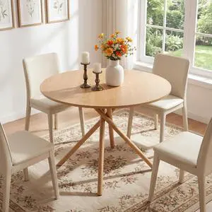 VINGLI 37.5" Round Dining Table for 4, Wood Kitchen Table, Oak | Cross Metal Leg, Adjustable Feet, Wood Tabletop, Mid-Century Modern Style, for Living Room, Dining Room, Kitchen, Small Place VINGLI 37.5" Round Dining Table for 4, Wood Kitchen Table, Oak | Cross Metal Leg, Adjustable Feet, Wood Tabletop, Mid-Century Modern Style, for Living Room, Dining Room, Kitchen, Small Place
