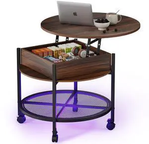 VINGLI 27" Round Lift Top Coffee Table with Wheels & Lights, Walnut | Removable Coffee Table with Hidden Compartment Storage & Metal Shelf, Small Farmhouse Coffee Tables for Living Room, Office VINGLI 27" Round Lift Top Coffee Table with Wheels & Lights, Walnut | Removable Coffee Table with Hidden Compartment Storage & Metal Shelf, Small Farmhouse Coffee Tables for Living Room, Office