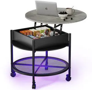 VINGLI 27" Round Lift Top Coffee Table with Wheels & Lights, Black & Grey | Removable Coffee Table with Hidden Compartment Storage & Metal Shelf, Small Farmhouse Coffee Tables for Living Room, Office VINGLI 27" Round Lift Top Coffee Table with Wheels & Lights, Black & Grey | Removable Coffee Table with Hidden Compartment Storage & Metal Shelf, Small Farmhouse Coffee Tables for Living Room, Office