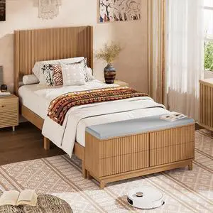 VINGLI Fluted Twin Bed Frame with Storage Bench and Wingback Headboard, Boho Wooden Single Platform Panel Bed with 4 Drawers,Mid-Century Modern Sleign Bed,Oak VINGLI Fluted Twin Bed Frame with Storage Bench and Wingback Headboard, Boho Wooden Single Platform Panel Bed with 4 Drawers,Mid-Century Modern Sleign Bed,Oak