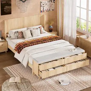 VINGLI Fluted Queen Bed Frame with Headboard and Storage Bench, Boho Wooden Platform Panel Bed with Wingback Headboard and 4 Drawers,Mid-Century Modern Sleign Bed,Beige VINGLI Fluted Queen Bed Frame with Headboard and Storage Bench, Boho Wooden Platform Panel Bed with Wingback Headboard and 4 Drawers,Mid-Century Modern Sleign Bed,Beige