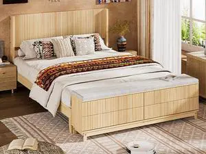 VINGLI Fluted King Bed Frame with headboard and Storage Bench, Boho Wooden Single Platform Panel Bed with Wingback Headboard and 4 Drawers,Mid-Century Modern Sleign Bed,Natural Wood VINGLI Fluted King Bed Frame with headboard and Storage Bench, Boho Wooden Single Platform Panel Bed with Wingback Headboard and 4 Drawers,Mid-Century Modern Sleign Bed,Natural Wood