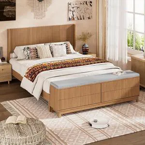 VINGLI Fluted King Bed Frame with headboard and Storage Bench, Boho Wooden Single Platform Panel Bed with Wingback Headboard and 4 Drawers,Mid-Century Modern Sleign Bed,Oak VINGLI Fluted King Bed Frame with headboard and Storage Bench, Boho Wooden Single Platform Panel Bed with Wingback Headboard and 4 Drawers,Mid-Century Modern Sleign Bed,Oak