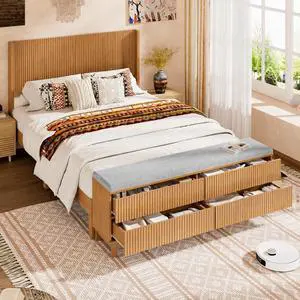 VINGLI Fluted Full Bed Frame with Wingback Headboard and Footboard Storage Bench, Boho Wooden Double Platform Panel Bed with 4 Drawers,Mid-Century Modern Sleign Bed,Oak VINGLI Fluted Full Bed Frame with Wingback Headboard and Footboard Storage Bench, Boho Wooden Double Platform Panel Bed with 4 Drawers,Mid-Century Modern Sleign Bed,Oak