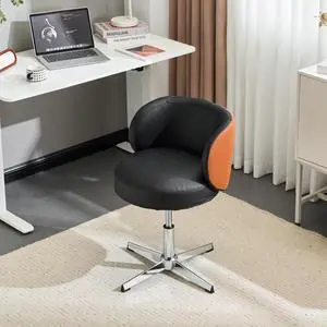 VINGLI Cute Small Swivel Desk Chair Comfy no Wheels,Ergonomic Low-Back Lumbar Support Vanity Nail Tech Computer Task Stool Chair for Home Office,Height Adjustable,PU Leather Black&Suede Brown VINGLI Cute Small Swivel Desk Chair Comfy no Wheels,Ergonomic Low-Back Lumbar Support Vanity Nail Tech Computer Task Stool Chair for Home Office,Height Adjustable,PU Leather Black&Suede Brown