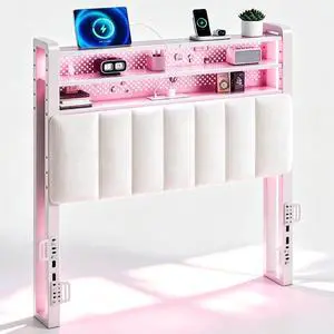 VINGLI Queen Size Headboard with Shelf, Adjustable Upholstered Headboards with Storage, 3 Tier Shelves and LED Lights, Charging Stations and Pegboard, Modern Bed Head Board, White VINGLI Queen Size Headboard with Shelf, Adjustable Upholstered Headboards with Storage, 3 Tier Shelves and LED Lights, Charging Stations and Pegboard, Modern Bed Head Board, White