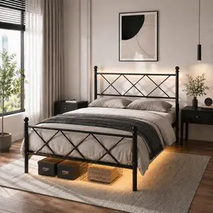 VINGLI Full Bed Frame with Headboard and Footboard, Metal Bed Frame with Extra High Footboard, Heavy Duty Platform Bed with LED Lights & Charging Station, Under Bed Storage, No Box Spring Needed,Black VINGLI Full Bed Frame with Headboard and Footboard, Metal Bed Frame with Extra High Footboard, Heavy Duty Platform Bed with LED Lights & Charging Station, Under Bed Storage, No Box Spring Needed,Black
