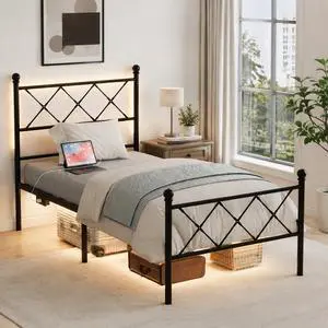 VINGLI Twin Bed Frame with Headboard and Footboard, Metal Bed Frame with Extra High Footboard, Heavy Duty Platform Bed with LED Lights & Charging Station, Under Bed Storage, No Box Spring Needed,Black VINGLI Twin Bed Frame with Headboard and Footboard, Metal Bed Frame with Extra High Footboard, Heavy Duty Platform Bed with LED Lights & Charging Station, Under Bed Storage, No Box Spring Needed,Black