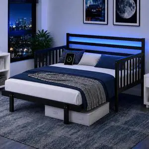 VINGLI Solid Wood Full Platform Bed Frame with Headboard, Pull Out Bed with LED Lights, Charging Station, Sofa-to-Bed Design, 3-Side Guardrails, 12 Inch Storage for Adults Guest Room, Black VINGLI Solid Wood Full Platform Bed Frame with Headboard, Pull Out Bed with LED Lights, Charging Station, Sofa-to-Bed Design, 3-Side Guardrails, 12 Inch Storage for Adults Guest Room, Black