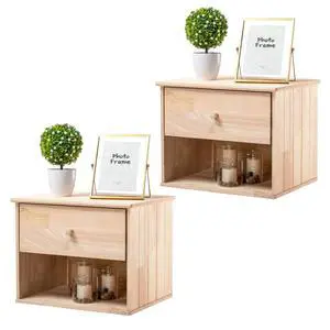 VINGLI Unfinished Natural Solid Wood Floating Nightstand for Bedroom Set of 2, Small Nightstand with Drawer & Open Shelf, Farmhouse Night Stand Wall-Mounted Bedside Table for Small Space Color DIY VINGLI Unfinished Natural Solid Wood Floating Nightstand for Bedroom Set of 2, Small Nightstand with Drawer & Open Shelf, Farmhouse Night Stand Wall-Mounted Bedside Table for Small Space Color DIY