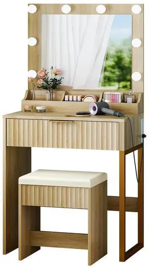 VINGLI Fluted Makeup Vanity Desk Set with Chair & Mirror & Lights & Power Outlet, Small Vanity Table w/ 1 Drawers, Oak Hollywood Dressing Table Set Charging for Girls Teens Women VINGLI Fluted Makeup Vanity Desk Set with Chair & Mirror & Lights & Power Outlet, Small Vanity Table w/ 1 Drawers, Oak Hollywood Dressing Table Set Charging for Girls Teens Women