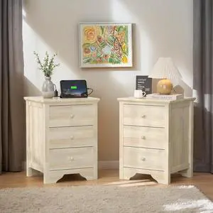 VINGLI Unfinished Rubber Wood Nightstands Set of 2 for Color DIY, 18.54" W Nightstand with Charging Station, 3 Drawer Nightstand, Real Wood Night Stands/Bed Side Table/End Table for Bedroom VINGLI Unfinished Rubber Wood Nightstands Set of 2 for Color DIY, 18.54" W Nightstand with Charging Station, 3 Drawer Nightstand, Real Wood Night Stands/Bed Side Table/End Table for Bedroom