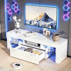 VINGLI 51'' LED TV Stand, High Glossy Modern Entertainment Center with LED Lights and Storage for 40/43/50/55 Inch TV (White, 51'' x 14'' x 18'') VINGLI 51'' LED TV Stand, High Glossy Modern Entertainment Center with LED Lights and Storage for 40/43/50/55 Inch TV (White, 51'' x 14'' x 18'')