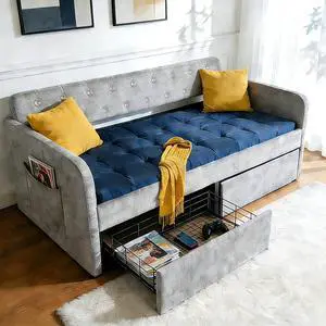 VINGLI Twin Size Daybed with 2 Storage Drawers and Pockets, Chenille Fabric with Diamond Buttons, Upholstered Comfy Sleeper Couch Sofa Bed for Living Room, Movie Room, Bedroom, Gray VINGLI Twin Size Daybed with 2 Storage Drawers and Pockets, Chenille Fabric with Diamond Buttons, Upholstered Comfy Sleeper Couch Sofa Bed for Living Room, Movie Room, Bedroom, Gray