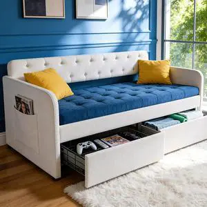 VINGLI Twin Size Daybed with 2 Storage Drawers and Pockets, Chenille Upholstered Comfy Sleeper Couch Sofa Bed with Diamond Buttons for Living Room, Movie Room, Bedroom, Beige White VINGLI Twin Size Daybed with 2 Storage Drawers and Pockets, Chenille Upholstered Comfy Sleeper Couch Sofa Bed with Diamond Buttons for Living Room, Movie Room, Bedroom, Beige White