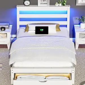 VINGLI Solid Wood Twin Bed Frame with LED Lights & USB Charging Station,Kids Platform Bed with Storage Headboard Shelf, Underbed Storage Drawer,White VINGLI Solid Wood Twin Bed Frame with LED Lights & USB Charging Station,Kids Platform Bed with Storage Headboard Shelf, Underbed Storage Drawer,White