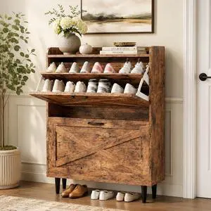VINGLI Shoe Storage Cabinet for Entryway with 2 Flip Drawers, Ultra Slim Freestanding Entryway Shoe Organizer with Wood Tapered Legs,Hidden Closed Shoe Rack,31.6" W * 9.4" D * 39.4" H, Rustic Brown VINGLI Shoe Storage Cabinet for Entryway with 2 Flip Drawers, Ultra Slim Freestanding Entryway Shoe Organizer with Wood Tapered Legs,Hidden Closed Shoe Rack,31.6" W * 9.4" D * 39.4" H, Rustic Brown