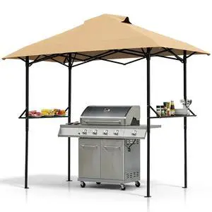 VINGLI 8x5 Pop Up Grill Gazebo BBQ Gazebo with 2 Side Shelves, Outdoor Grill Canopy BBQ Canopy Adjustable Height, Grilling Pergola for Patio Garden (Khaki) VINGLI 8x5 Pop Up Grill Gazebo BBQ Gazebo with 2 Side Shelves, Outdoor Grill Canopy BBQ Canopy Adjustable Height, Grilling Pergola for Patio Garden (Khaki)