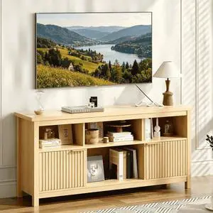 VINGLI 58" Fluted TV Stand with Storage & Shelves, White Oak | 4 Fix Sheves, 2 Fluted Doors, Adjustable Sheves, Easy Cable Access, Easy Assembly VINGLI 58" Fluted TV Stand with Storage & Shelves, White Oak | 4 Fix Sheves, 2 Fluted Doors, Adjustable Sheves, Easy Cable Access, Easy Assembly