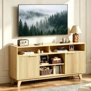 VINGLI 58" Fluted TV Stand for 70" TV with Storage, Oak | 4 Open Shelves, 2 Hidden Cabinets, 300 lbs Capacity, Cable Management, Solid Wood Legs VINGLI 58" Fluted TV Stand for 70" TV with Storage, Oak | 4 Open Shelves, 2 Hidden Cabinets, 300 lbs Capacity, Cable Management, Solid Wood Legs
