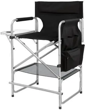VINGLI 26" Director's Chair for Makeup Artist, Foldable Makeup Chair with Retractable Side Table & Footrest, Robust Iron Steel Frame, Supports 300 lbs, for Studio, Black VINGLI 26" Director's Chair for Makeup Artist, Foldable Makeup Chair with Retractable Side Table & Footrest, Robust Iron Steel Frame, Supports 300 lbs, for Studio, Black