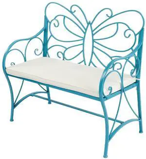VINGLI 38.7in Cast Iron Outdoor Bench with Cushion, All Weather Resistant Metal Bench with Curved Armrests and Butterfly Pattern Backrest, 1-2 Person Patio Bench for Garden Porch Park Yard (Blue VINGLI 38.7in Cast Iron Outdoor Bench with Cushion, All Weather Resistant Metal Bench with Curved Armrests and Butterfly Pattern Backrest, 1-2 Person Patio Bench for Garden Porch Park Yard (Blue