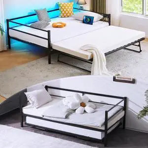 VINGLI Daybed with Trundle Bed Twin, Charging Station and LED Lights,Heavy Duty Metal Twin Daybed with Pop up Trundle for Living Room,Bedroom,Guest Room, No Box Spring Needed,Black VINGLI Daybed with Trundle Bed Twin, Charging Station and LED Lights,Heavy Duty Metal Twin Daybed with Pop up Trundle for Living Room,Bedroom,Guest Room, No Box Spring Needed,Black