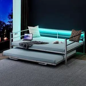 VINGLI White Full Daybed with Pop Up Trundle, Metal Sofa Day Bed Frame with LED Lights and Charging Station, Platform Bed with Trundle Bed Twin, Sturdy Steel Slats Support VINGLI White Full Daybed with Pop Up Trundle, Metal Sofa Day Bed Frame with LED Lights and Charging Station, Platform Bed with Trundle Bed Twin, Sturdy Steel Slats Support