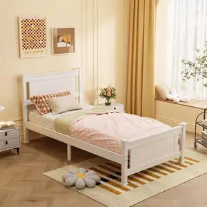 VINGLI Twin Size Solid Wood Bed with Headboard, Sturdy & Durable Construction,Modern Minimalist Panel Platform Bed with Strong Support for Kids,Adults & Guests,Sleigh Bed,Crisp White VINGLI Twin Size Solid Wood Bed with Headboard, Sturdy & Durable Construction,Modern Minimalist Panel Platform Bed with Strong Support for Kids,Adults & Guests,Sleigh Bed,Crisp White