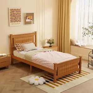 VINGLI Twin Size Solid Wood Bed with Headboard, Sturdy & Durable Construction,Modern Minimalist Panel Platform Bed with Strong Support for Kids,Adults & Guests,Sleigh Bed,Natural Brown VINGLI Twin Size Solid Wood Bed with Headboard, Sturdy & Durable Construction,Modern Minimalist Panel Platform Bed with Strong Support for Kids,Adults & Guests,Sleigh Bed,Natural Brown