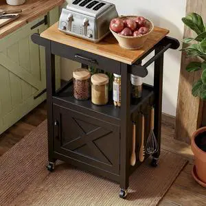 VINGLI Small Kitchen Island Cart on Wheels with Storage, Black | 29"W Rolling Microwave Stand with Drawer,Open Shelf, Towel Bars and Hooks, Rubberwood Top VINGLI Small Kitchen Island Cart on Wheels with Storage, Black | 29"W Rolling Microwave Stand with Drawer,Open Shelf, Towel Bars and Hooks, Rubberwood Top