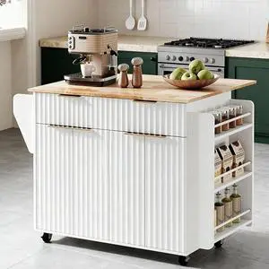VINGLI Fluted Large Kitchen Island Cart with 2 Draws & 4 Doors, White | Drop-leaf Toptable, Adjuestable Shelves, Towel Bar, 3-tier Side Storage Rack, 360° Rolling Design VINGLI Fluted Large Kitchen Island Cart with 2 Draws & 4 Doors, White | Drop-leaf Toptable, Adjuestable Shelves, Towel Bar, 3-tier Side Storage Rack, 360° Rolling Design