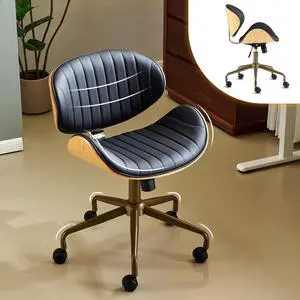 VINGLI Wide Comfotable Swivel Home Office Chair with Wood-Grain Curved Shell,Ergomomic Mid-Back Padded Armless Rolling Desk Chair with Wheels,Height Adjustable for Computer,Task,Work,PU Leather,Black VINGLI Wide Comfotable Swivel Home Office Chair with Wood-Grain Curved Shell,Ergomomic Mid-Back Padded Armless Rolling Desk Chair with Wheels,Height Adjustable for Computer,Task,Work,PU Leather,Black
