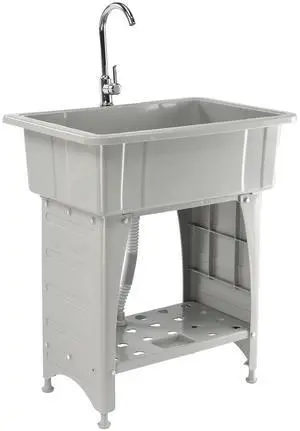 VINGLI Spacious White Utility Sink Laundry Tub for Laundry Room, Garage Washingt Slop Sink, Freestanding Sink with Stainless Steel Faucet, Drain, Storage Shelf and Removable Drainboard (Grey) VINGLI Spacious White Utility Sink Laundry Tub for Laundry Room, Garage Washingt Slop Sink, Freestanding Sink with Stainless Steel Faucet, Drain, Storage Shelf and Removable Drainboard (Grey)