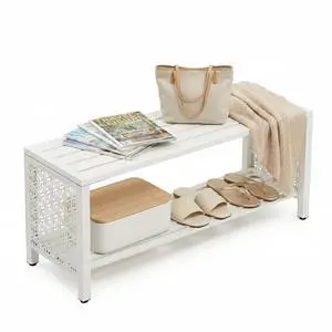 VINGLI 40'' Outdoor Bench with Storage Shelf, 2-Tier Double Layer Metal Shoe Rack Bench with Floral Side Panel, All-Weather Small Porch Seat, 2-Person Entryway Benches for Patio Mudroom (White) VINGLI 40'' Outdoor Bench with Storage Shelf, 2-Tier Double Layer Metal Shoe Rack Bench with Floral Side Panel, All-Weather Small Porch Seat, 2-Person Entryway Benches for Patio Mudroom (White)