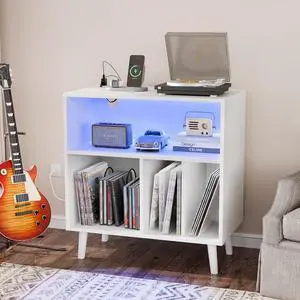 VINGLI Record Player Stand with Open Vinyl Storage, Mid-Century Album Storage Table with LED Light up to 300 Albums, Vinyl Record Player Shelf with Power Outlet for Living Room, White VINGLI Record Player Stand with Open Vinyl Storage, Mid-Century Album Storage Table with LED Light up to 300 Albums, Vinyl Record Player Shelf with Power Outlet for Living Room, White