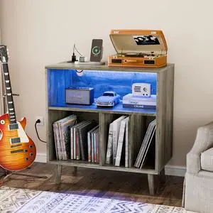 VINGLI Record Player Stand with Open Vinyl Storage, Mid-Century Album Storage Table with LED Light up to 300 Albums, Vinyl Record Player Shelf with Power Outlet for Living Room, Grey Oak VINGLI Record Player Stand with Open Vinyl Storage, Mid-Century Album Storage Table with LED Light up to 300 Albums, Vinyl Record Player Shelf with Power Outlet for Living Room, Grey Oak