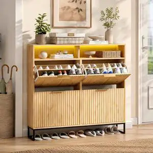 VINGLI Fluted Shoe Cabinet for Entryway, Narrow Hidden Shoe Storage Organizer with 4 Flip Drawers & 16-Color LED Lights, Mid Century Modern Slim Freestanding Shoe Rack with Cubby, Natural Oak VINGLI Fluted Shoe Cabinet for Entryway, Narrow Hidden Shoe Storage Organizer with 4 Flip Drawers & 16-Color LED Lights, Mid Century Modern Slim Freestanding Shoe Rack with Cubby, Natural Oak
