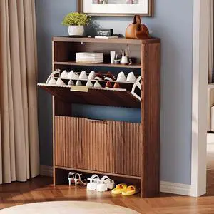 VINGLI Walnut Slim Shoe Cabinet for Entryway, Curved Hidden Shoe Storage Cabinet with 2 Flip Drawers & Open Shelf, Modern Narrow Shoe Organizer with Fluted Panel & Anti-Tip Kit, 32.7" W, Dark Wood VINGLI Walnut Slim Shoe Cabinet for Entryway, Curved Hidden Shoe Storage Cabinet with 2 Flip Drawers & Open Shelf, Modern Narrow Shoe Organizer with Fluted Panel & Anti-Tip Kit, 32.7" W, Dark Wood