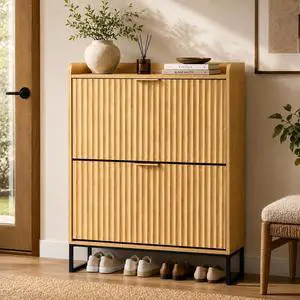VINGLI Fluted Shoe Cabinet Storage for Entryway,Hidden Shoes Storage Cabinet with 2 Flip Drawers, Mid Century Modern Shoe Rack Organizer,Free Standing Shoes Organizer for Hallway(Natural Oak) VINGLI Fluted Shoe Cabinet Storage for Entryway,Hidden Shoes Storage Cabinet with 2 Flip Drawers, Mid Century Modern Shoe Rack Organizer,Free Standing Shoes Organizer for Hallway(Natural Oak)