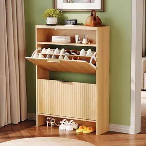 VINGLI Slim Shoe Cabinet with Curved Edges, Modern Hidden Shoe Storage Organizer with 2 Flip Drawers & Open Shelf, Narrow Wood Shoe Cupboard with Fluted Panel & Anti-Tip Kit for Entryway, Oak VINGLI Slim Shoe Cabinet with Curved Edges, Modern Hidden Shoe Storage Organizer with 2 Flip Drawers & Open Shelf, Narrow Wood Shoe Cupboard with Fluted Panel & Anti-Tip Kit for Entryway, Oak