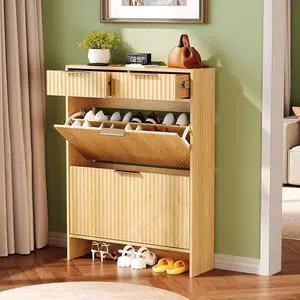 VINGLI Fluted Shoe Cabinet for Entryway, Slim Shoe Storage Cabinet with 2 Flip Drawers & 2 Top Drawers, Modern Hidden Shoe Rack Organizer with Adjustable Shelves, Narrow Freestanding Console, Oak VINGLI Fluted Shoe Cabinet for Entryway, Slim Shoe Storage Cabinet with 2 Flip Drawers & 2 Top Drawers, Modern Hidden Shoe Rack Organizer with Adjustable Shelves, Narrow Freestanding Console, Oak