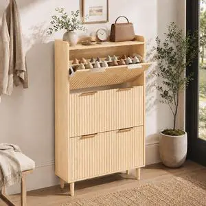 VINGLI Fluted Shoe Storage Cabinet for Entryway with 3 Flip Drawers, Narrow Shoe Organizer with Fluted Panel, Freestanding Wood Hidden Shoe Cabinet for Foyer, Hallway (Oak, 3 Flip Drawers) VINGLI Fluted Shoe Storage Cabinet for Entryway with 3 Flip Drawers, Narrow Shoe Organizer with Fluted Panel, Freestanding Wood Hidden Shoe Cabinet for Foyer, Hallway (Oak, 3 Flip Drawers)