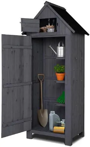 VINGLI Outdoor Wooden Storage Shed, Garden Shed Outside Tool Cabinet with Safety Latch, Patio Storage Organizer (Dark Grey) VINGLI Outdoor Wooden Storage Shed, Garden Shed Outside Tool Cabinet with Safety Latch, Patio Storage Organizer (Dark Grey)
