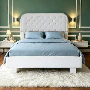 VINGLI White Queen Bed Frame Boucle Upholstered Platform Bed with Rounded Corner Headboard,Cozy Soft Fabric Bed with Solid Wood Slats VINGLI White Queen Bed Frame Boucle Upholstered Platform Bed with Rounded Corner Headboard,Cozy Soft Fabric Bed with Solid Wood Slats