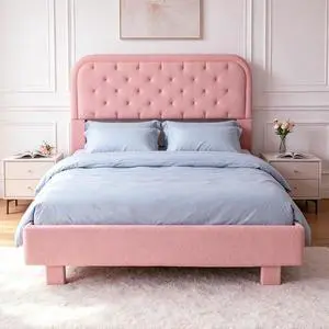 VINGLI Pink Queen Bed Frame Boucle Upholstered Platform Bed with Rounded Corner Headboard,Cozy Soft Fabric Bed with Solid Wood Slats VINGLI Pink Queen Bed Frame Boucle Upholstered Platform Bed with Rounded Corner Headboard,Cozy Soft Fabric Bed with Solid Wood Slats